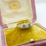 9ct Yellow Gold, Fire Opal & Diamond Victorian Style Boat Ring Vintage c1970
