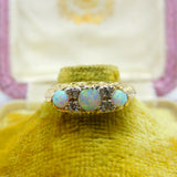 9ct Yellow Gold, Fire Opal & Diamond Victorian Style Boat Ring Vintage c1970