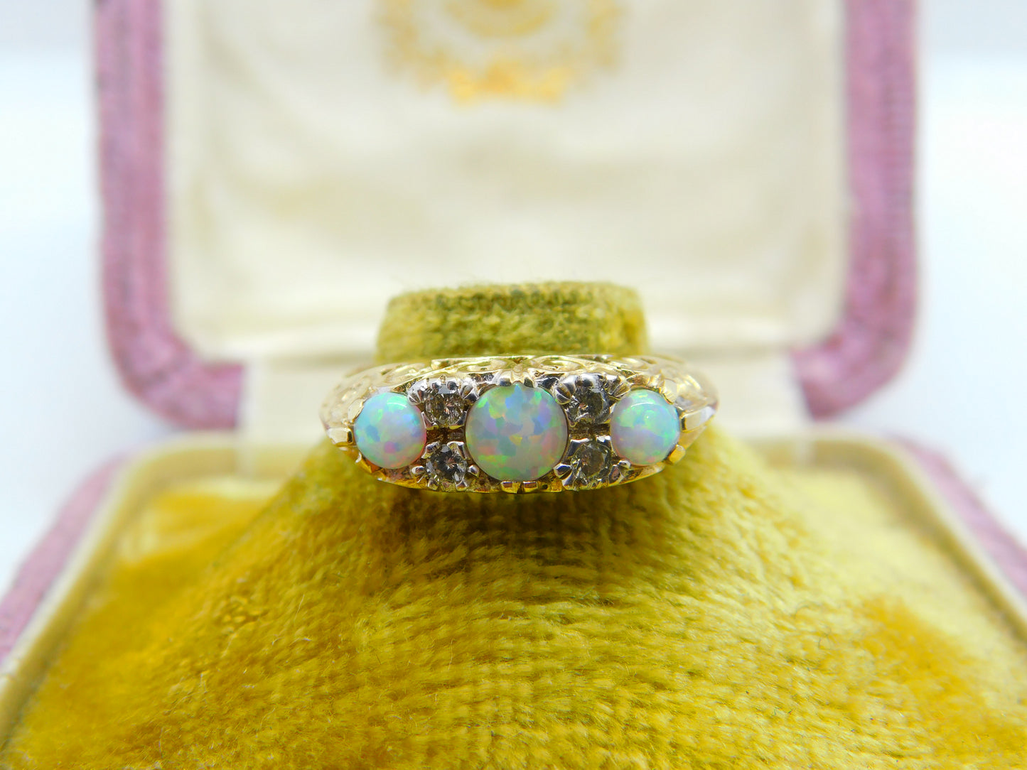 9ct Yellow Gold, Fire Opal & Diamond Victorian Style Boat Ring Vintage c1970