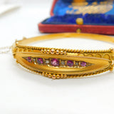 Pink Tourmaline & 0.25ct Diamond 9ct Gold Bangle Bracelet Chester Antique 1912