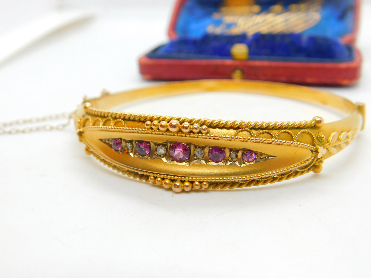 Pink Tourmaline & 0.25ct Diamond 9ct Gold Bangle Bracelet Chester Antique 1912