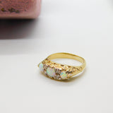 9ct Yellow Gold, Fire Opal & Diamond Victorian Style Boat Ring Vintage c1970