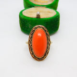14ct Yellow Gold & Cabochon Red Coral Dress Ring Antique c1920 Art Deco