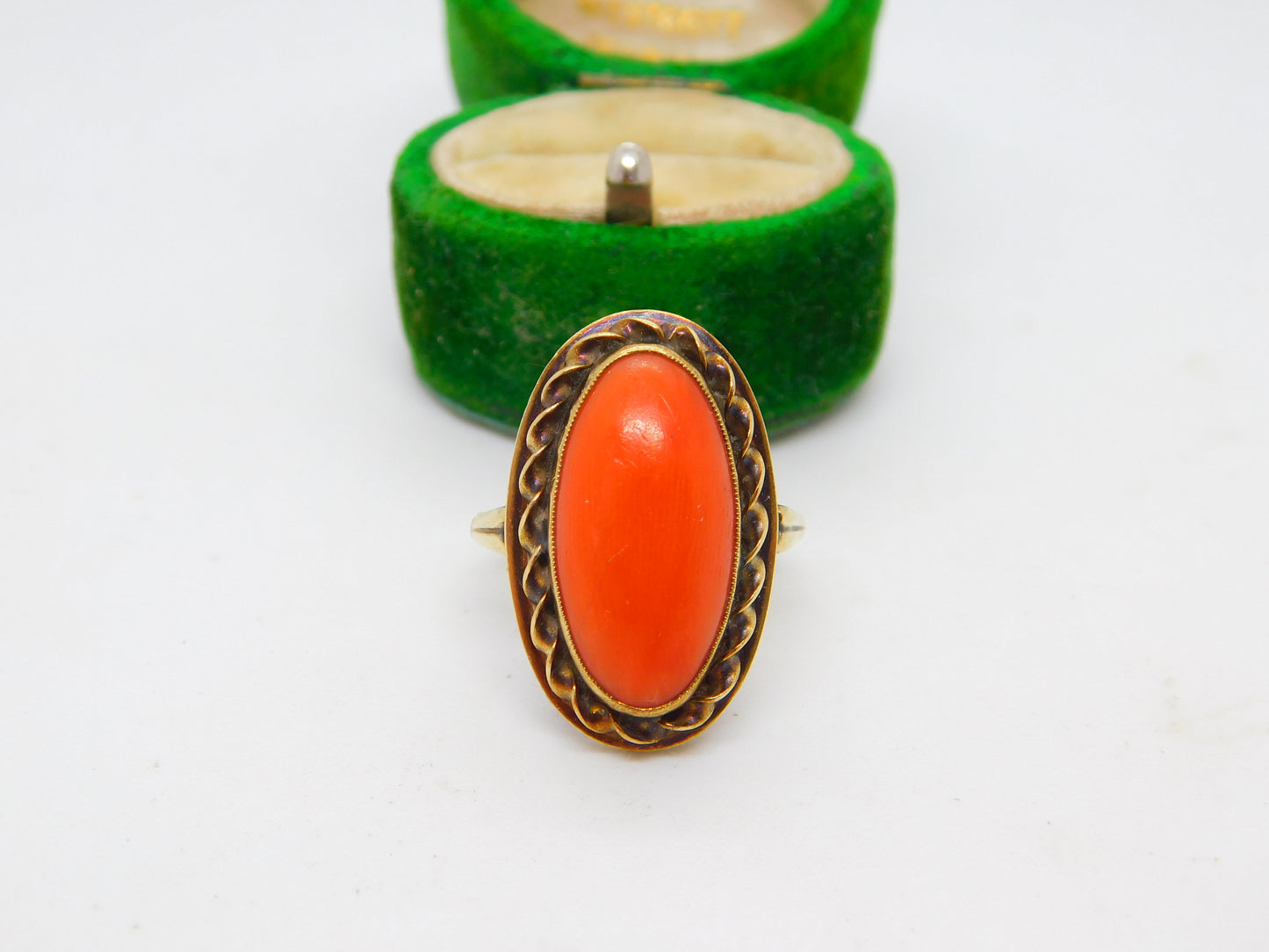 14ct Yellow Gold & Cabochon Red Coral Dress Ring Antique c1920 Art Deco