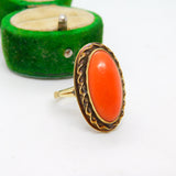 14ct Yellow Gold & Cabochon Red Coral Dress Ring Antique c1920 Art Deco