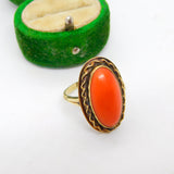 14ct Yellow Gold & Cabochon Red Coral Dress Ring Antique c1920 Art Deco