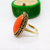 14ct Yellow Gold & Cabochon Red Coral Dress Ring Antique c1920 Art Deco