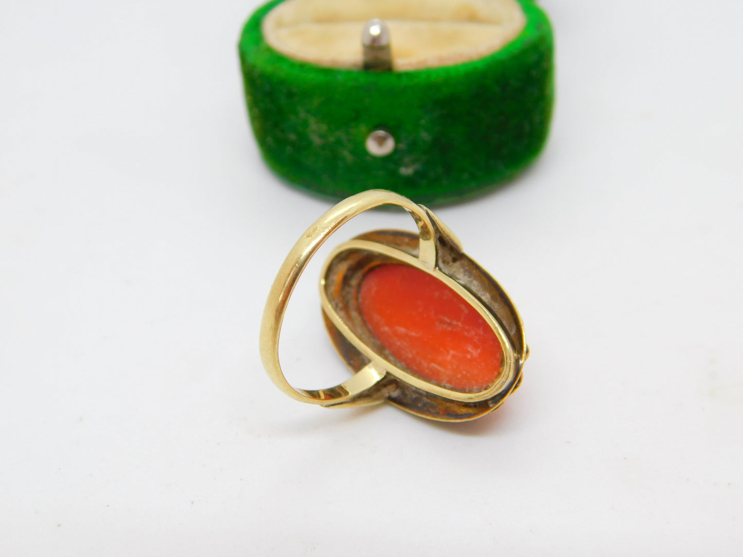 14ct Yellow Gold & Cabochon Red Coral Dress Ring Antique c1920 Art Deco