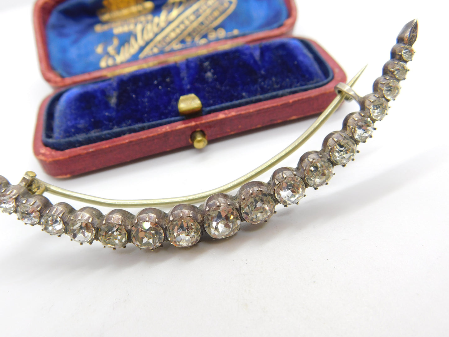 Large Victorian Paste Set Sterling Silver Crescent Moon Brooch Antique c1860