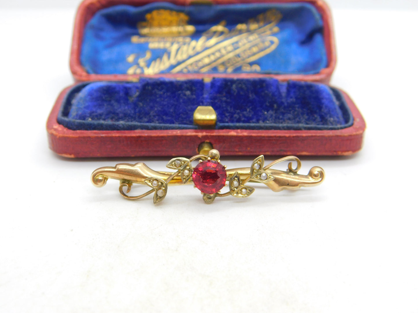 Edwardian 9ct Yellow Gold, Seed Pearl & Garnet Wreath Brooch c1910 Antique