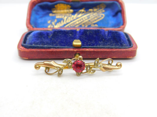 Edwardian 9ct Yellow Gold, Seed Pearl & Garnet Wreath Brooch c1910 Antique