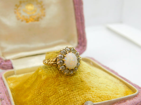 Fiery Opal and 0.5ct Diamond 18ct Yellow Gold Ring Antique Edwardian c1910