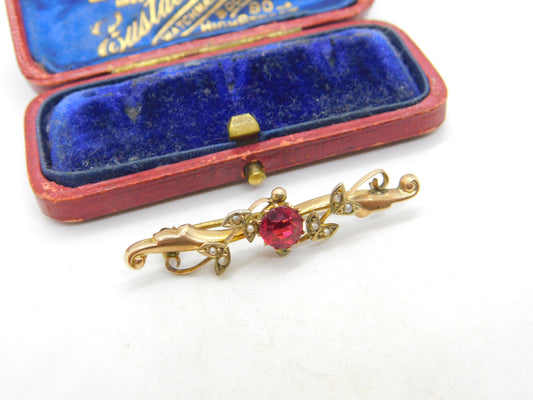 Edwardian 9ct Yellow Gold, Seed Pearl & Garnet Wreath Brooch c1910 Antique