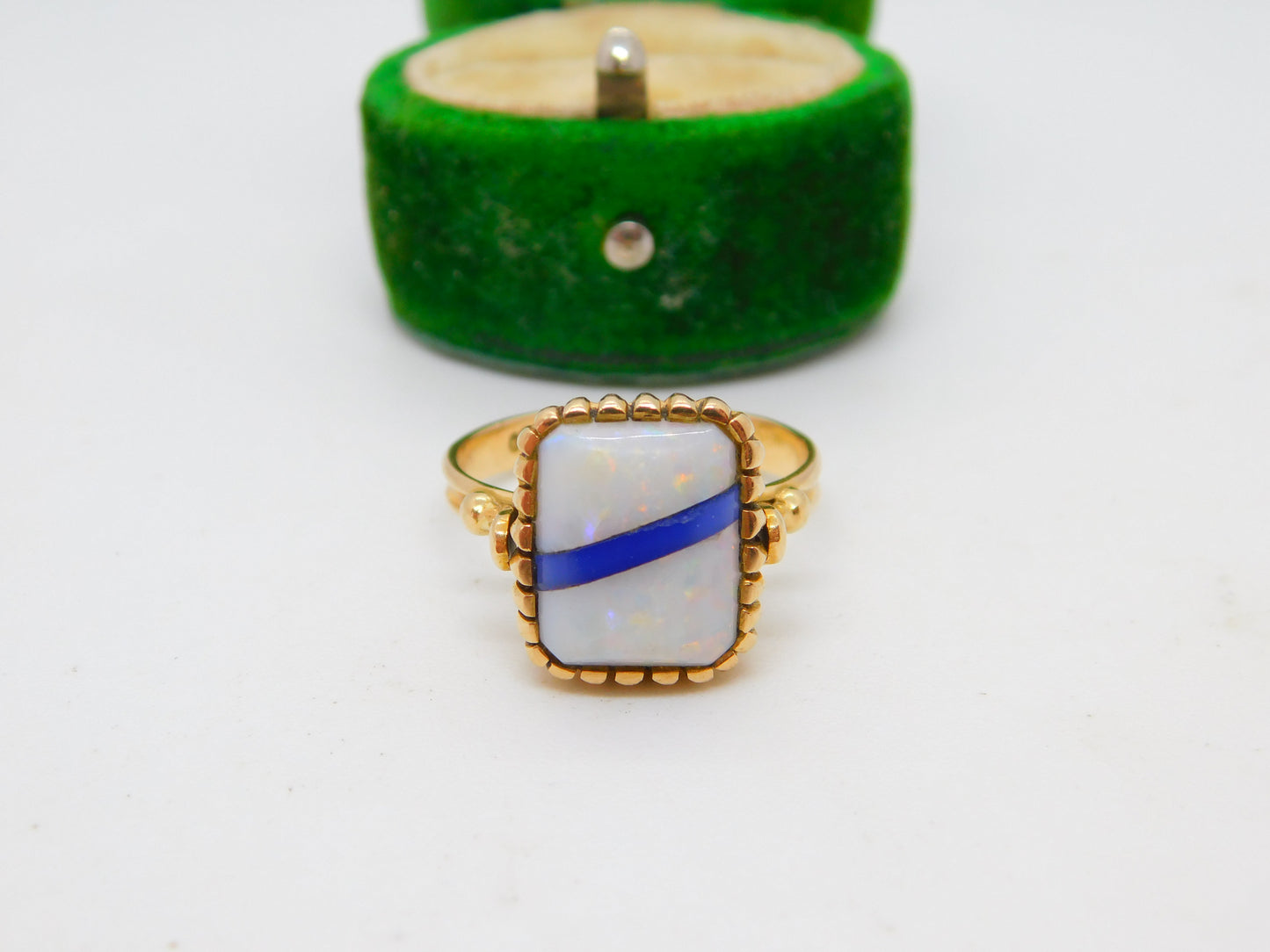 18ct Yellow Gold, Ethiopian Opal & Blue Enamel Dress Ring Vintage c1960