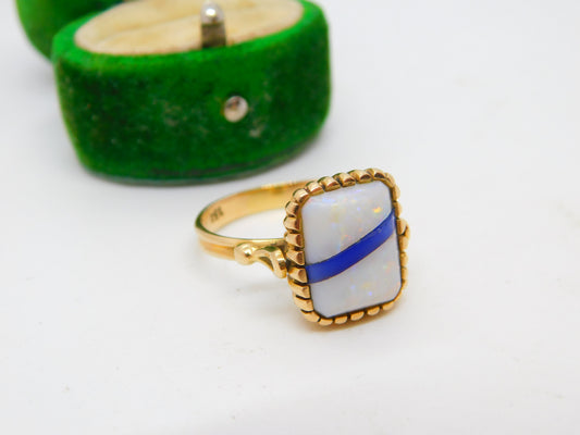 18ct Yellow Gold, Ethiopian Opal & Blue Enamel Dress Ring Vintage c1960