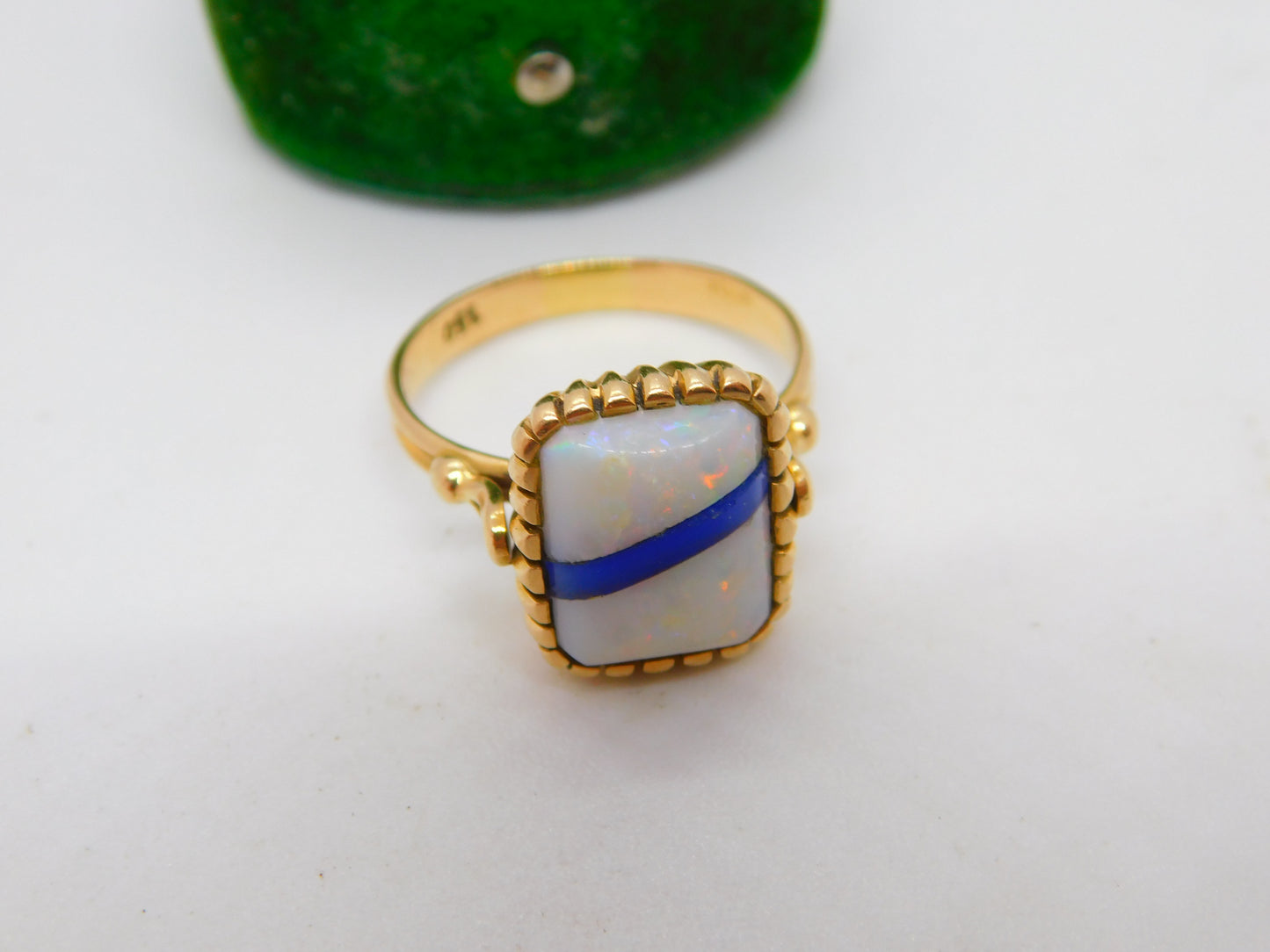 18ct Yellow Gold, Ethiopian Opal & Blue Enamel Dress Ring Vintage c1960