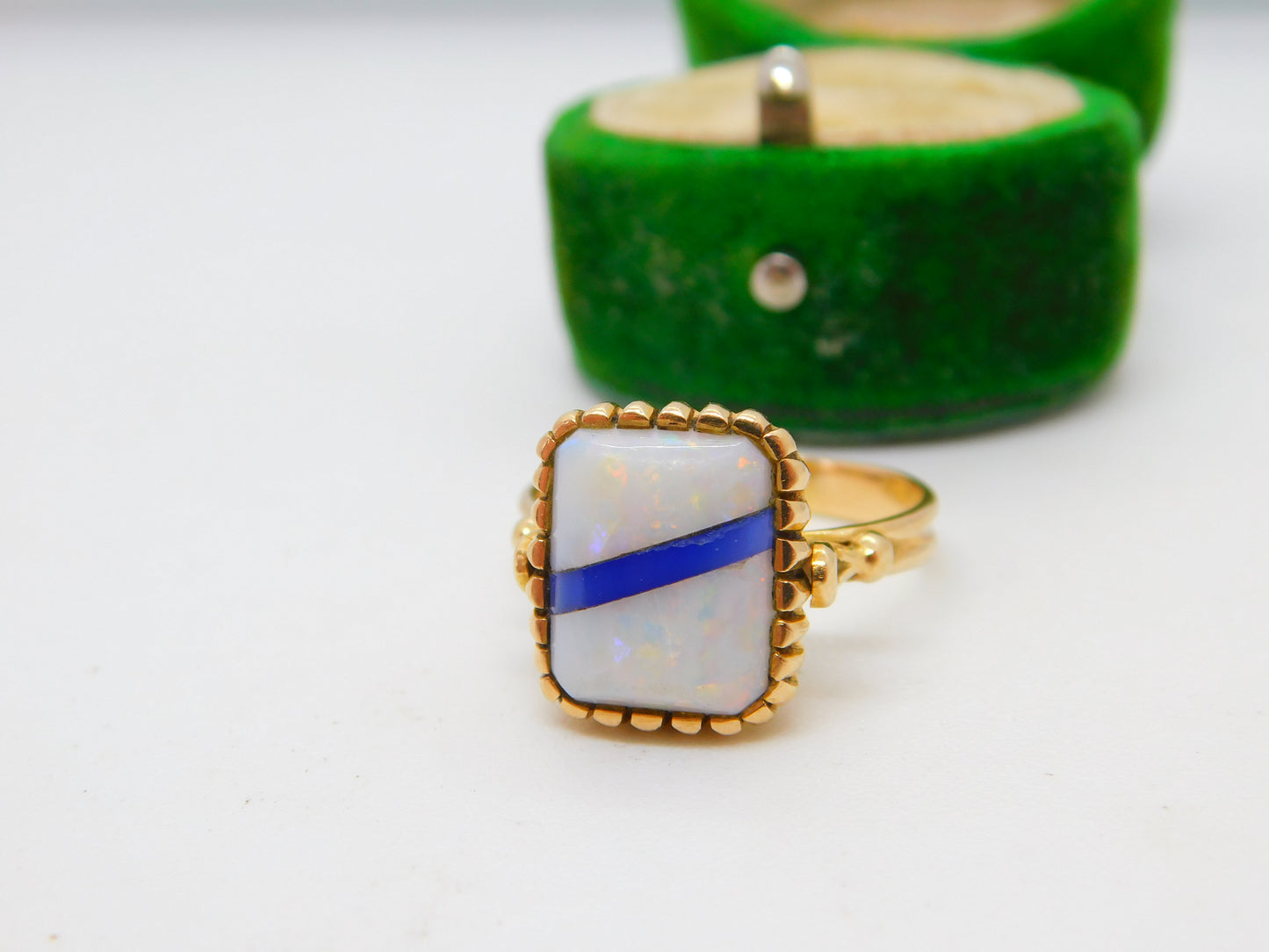 18ct Yellow Gold, Ethiopian Opal & Blue Enamel Dress Ring Vintage c1960