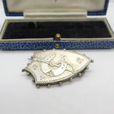 Victorian Sterling Silver Shield Form Horseshoe & Crop Brooch Antique c1880