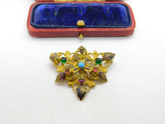 Austro-Hungarian Pinchbeck & Cabochon Set Floral Leaf Brooch c1860 Antique