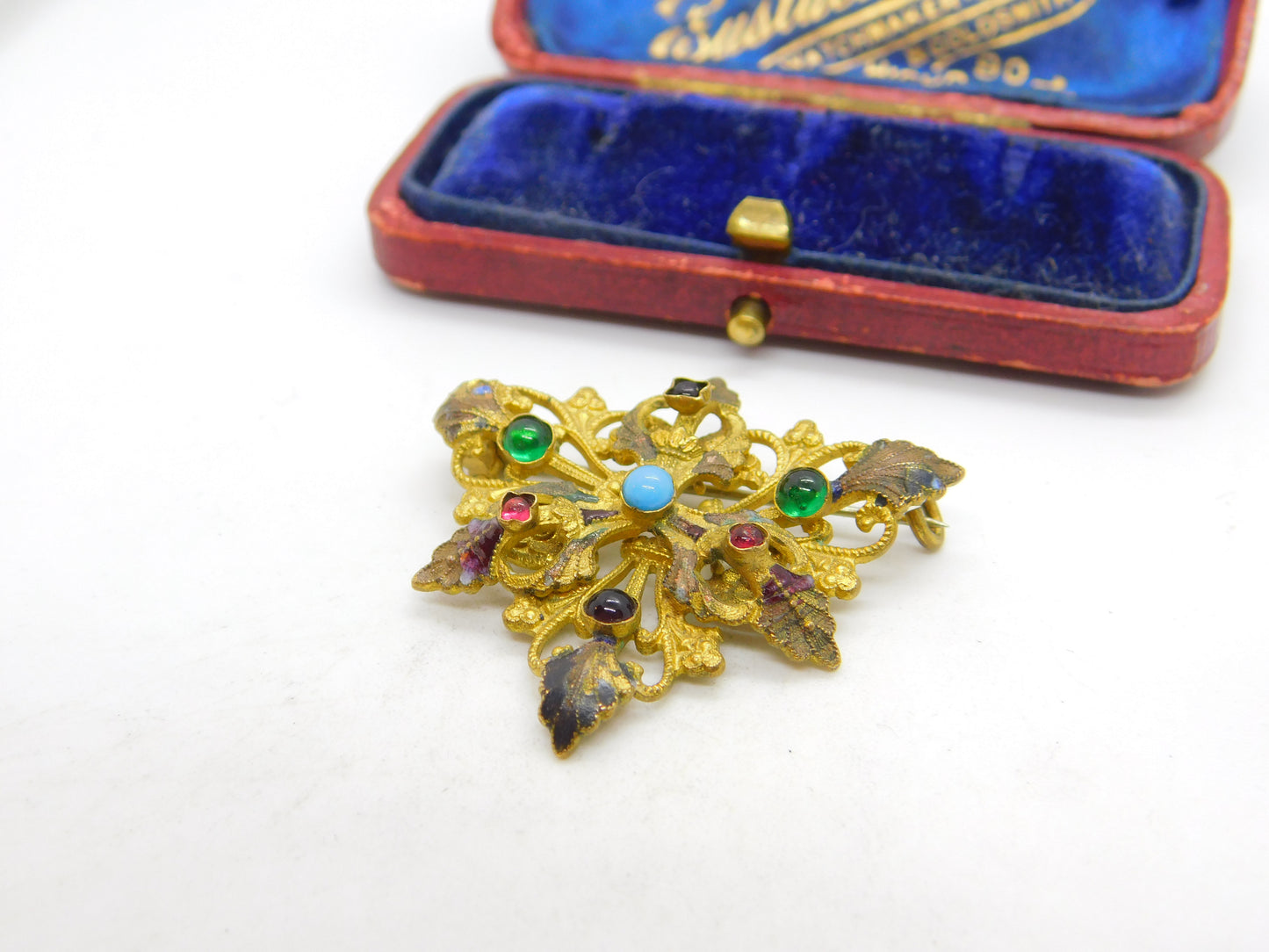 Austro-Hungarian Pinchbeck & Cabochon Set Floral Leaf Brooch c1860 Antique