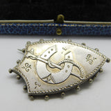 Victorian Sterling Silver Shield Form Horseshoe & Crop Brooch Antique c1880