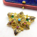 Austro-Hungarian Pinchbeck & Cabochon Set Floral Leaf Brooch c1860 Antique