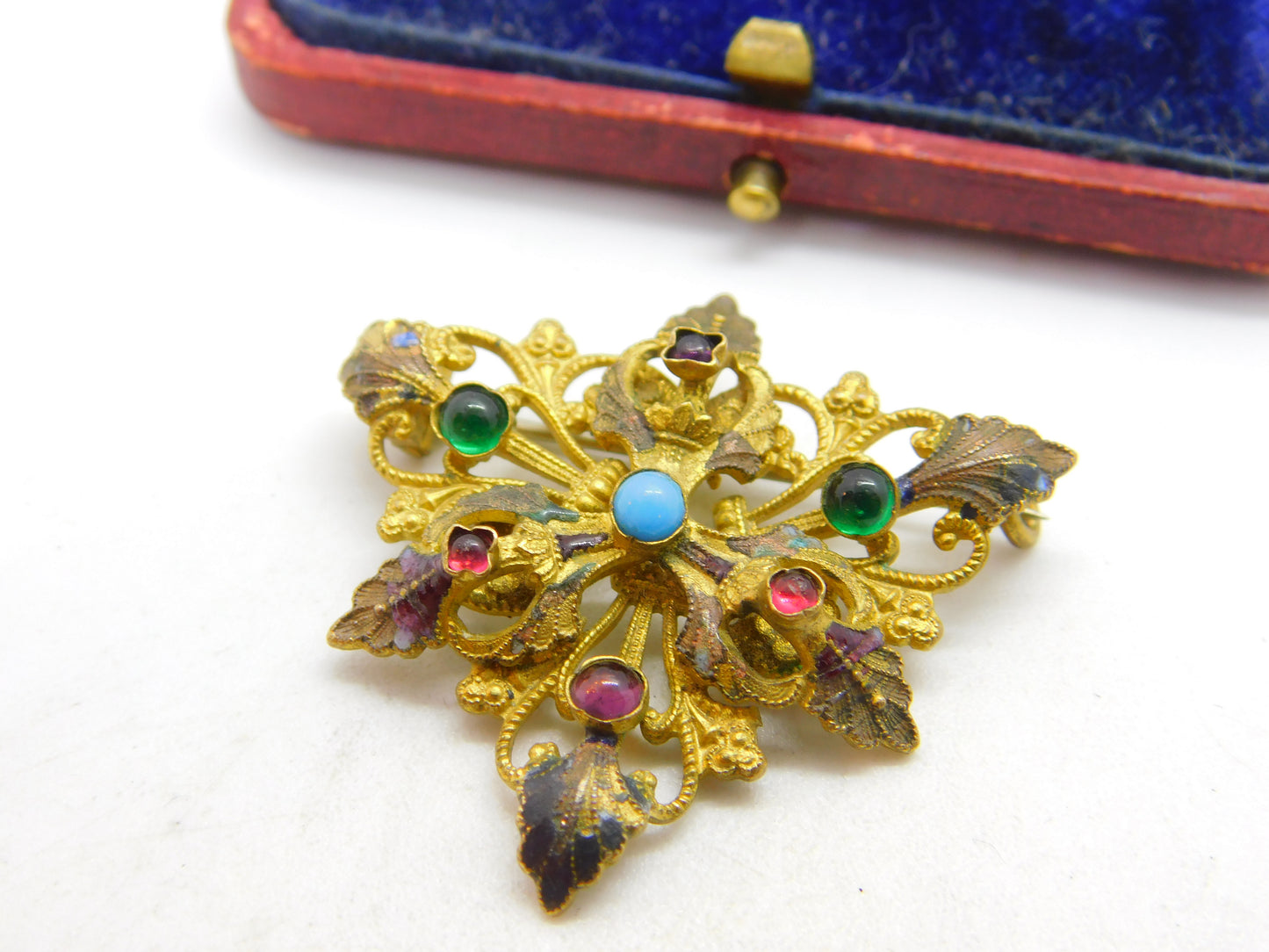 Austro-Hungarian Pinchbeck & Cabochon Set Floral Leaf Brooch c1860 Antique