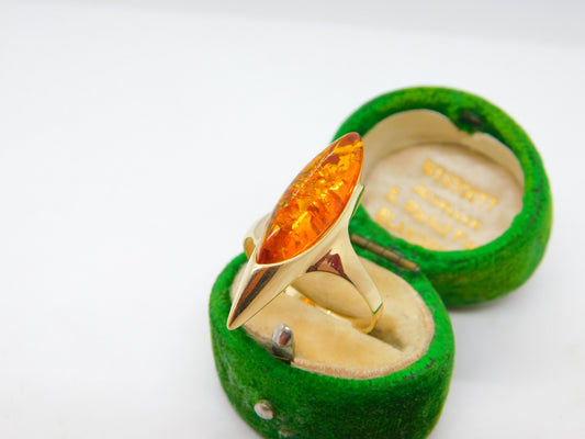14ct Yellow Gold Modernist Baltic Amber Statement Ring Vintage c1990