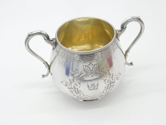 Victorian Sterling Silver Two-Handled Crested Sugar Bowl Antique 1865 Sheffield