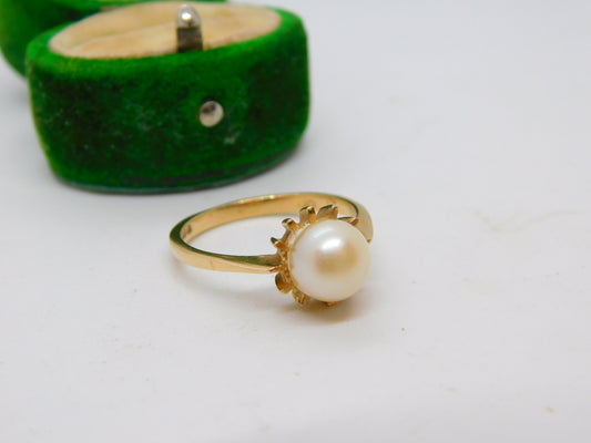 9ct Yellow Gold & Simulated Pearl Dress Ring Vintage 1977 London