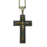 Victorian Sterling Silver Floral Micro-Mosaic Cross Necklace Antique c1860