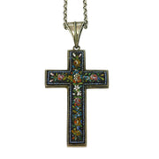 Victorian Sterling Silver Floral Micro-Mosaic Cross Necklace Antique c1860
