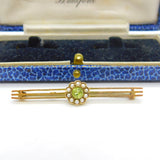 9ct Yellow Gold, Peridot & Seed Pearl Floral Sweetheart Brooch Antique c1910