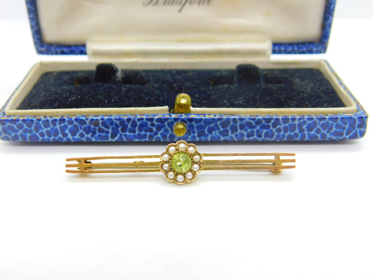 9ct Yellow Gold, Peridot & Seed Pearl Floral Sweetheart Brooch Antique c1910