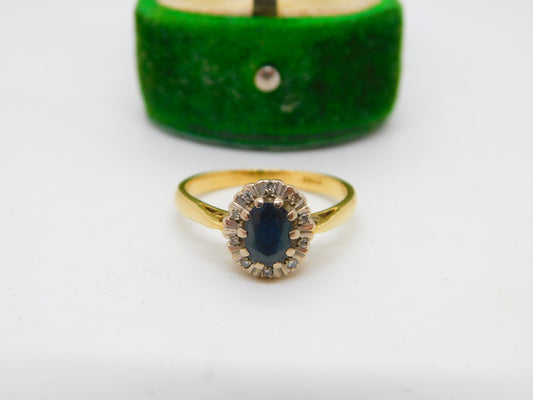 18ct Yellow Gold, 0.5ct Sapphire & Diamond Floral Dress Ring Vintage c1970