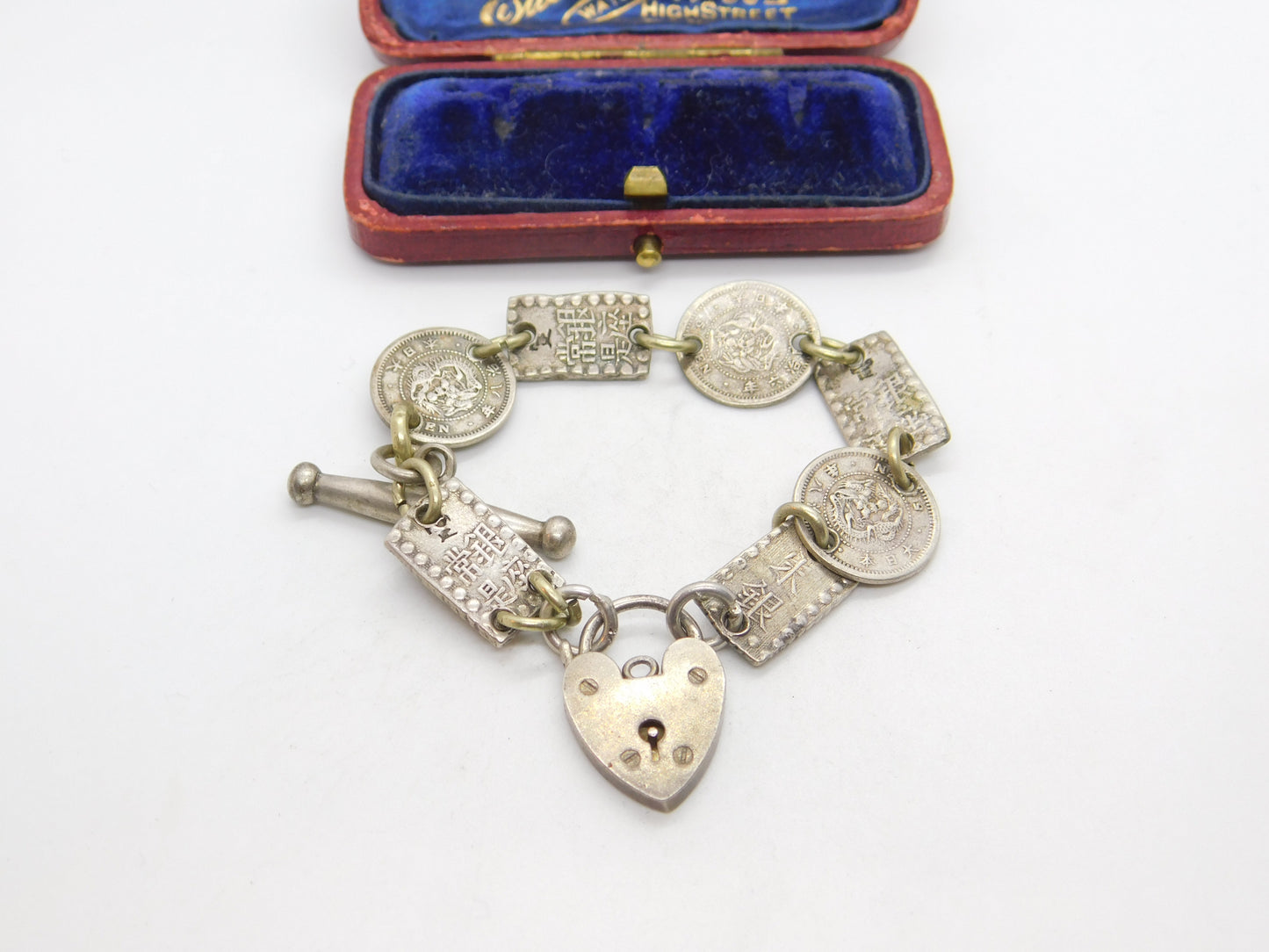 Victorian Chinese Sterling Silver Coin & Token Charm Bracelet Antique c1880