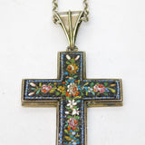 Victorian Sterling Silver Floral Micro-Mosaic Cross Necklace Antique c1860