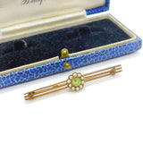 9ct Yellow Gold, Peridot & Seed Pearl Floral Sweetheart Brooch Antique c1910