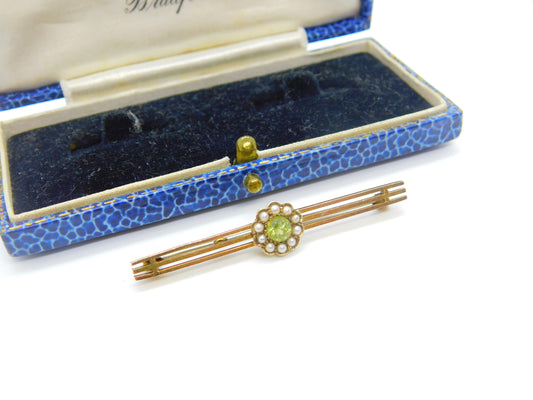 9ct Yellow Gold, Peridot & Seed Pearl Floral Sweetheart Brooch Antique c1910