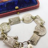 Victorian Chinese Sterling Silver Coin & Token Charm Bracelet Antique c1880