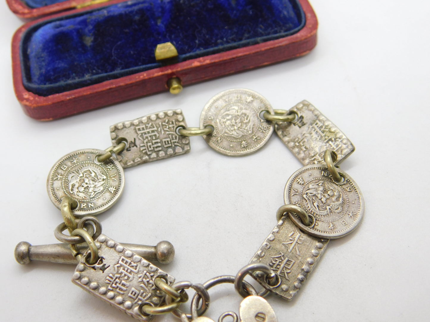 Victorian Chinese Sterling Silver Coin & Token Charm Bracelet Antique c1880