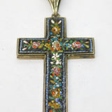Victorian Sterling Silver Floral Micro-Mosaic Cross Necklace Antique c1860
