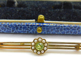 9ct Yellow Gold, Peridot & Seed Pearl Floral Sweetheart Brooch Antique c1910