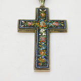 Victorian Sterling Silver Floral Micro-Mosaic Cross Necklace Antique c1860