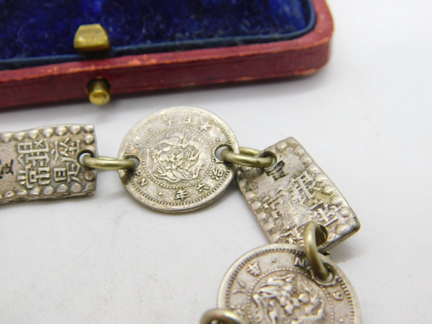 Victorian Chinese Sterling Silver Coin & Token Charm Bracelet Antique c1880