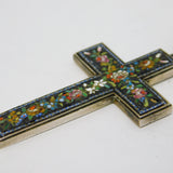 Victorian Sterling Silver Floral Micro-Mosaic Cross Necklace Antique c1860