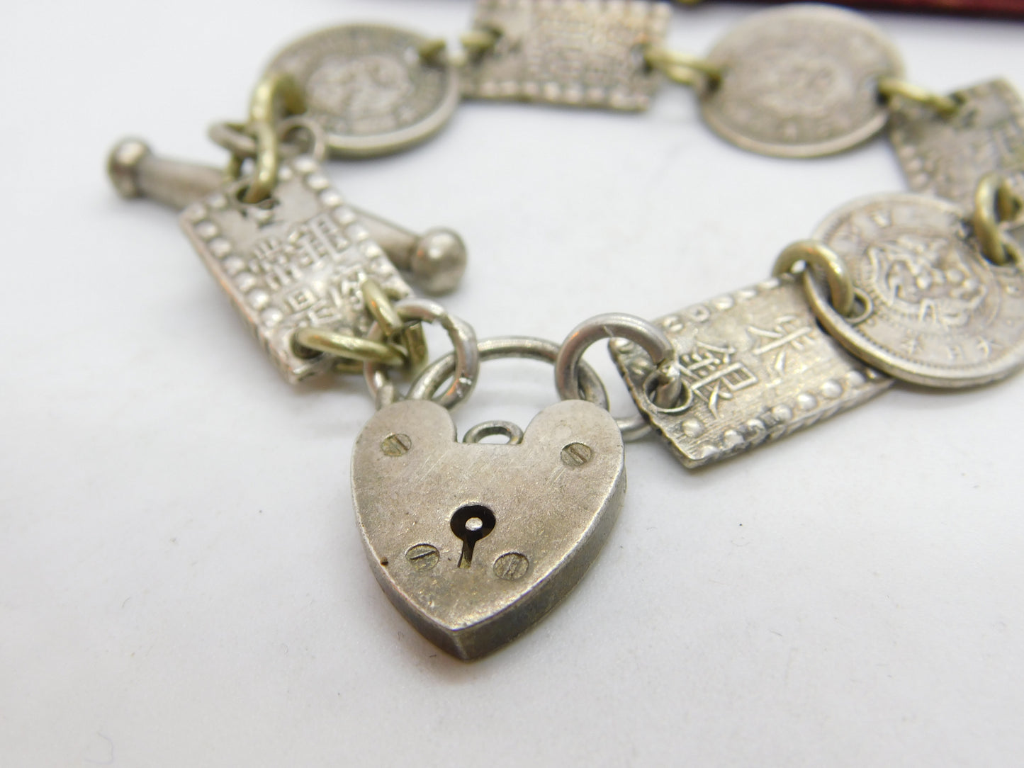 Victorian Chinese Sterling Silver Coin & Token Charm Bracelet Antique c1880