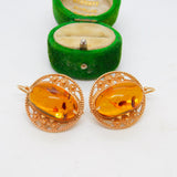 14ct Yellow Gold & Cabochon Baltic Amber Large Drop Earrings Vintage c1980