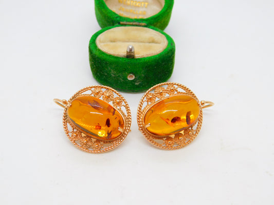 14ct Yellow Gold & Cabochon Baltic Amber Large Drop Earrings Vintage c1980