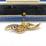 9ct Yellow Gold, Sapphire & Seed Pearl Sweetheart Brooch Antique c1910 Edwardian